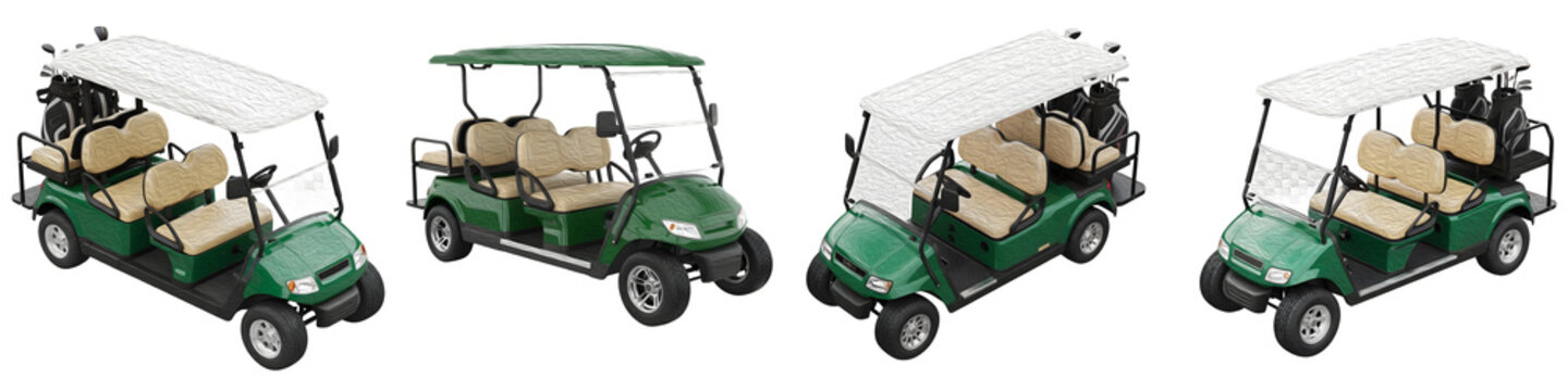 Set of Four Professional Green Golf Carts with White Roofs Isolated on White Background. Realistic 3D Illustration of Electric Transport for Golf Courses and Resorts.