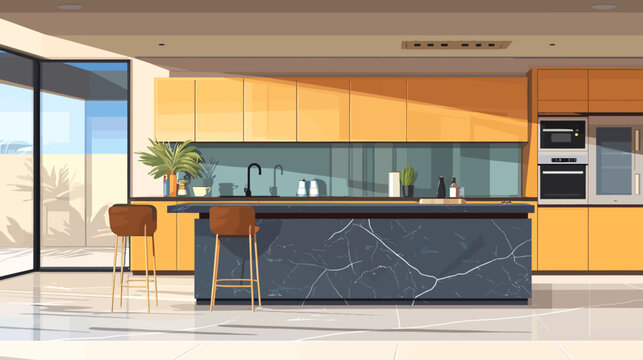 Modern kitchen illustration showcasing a marble island, wooden cabinets, and sunny ambiance
