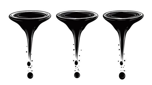 Three abstract funnels, swirling with black gradients, connected to droplet-like shapes, all on white