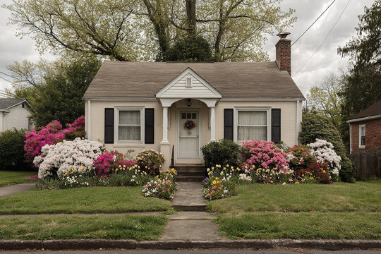 Cozy small house with well maintained garden featuring colorful blooming flowers and green lawn under cloudy sky, creating peaceful and inviting atmosphere