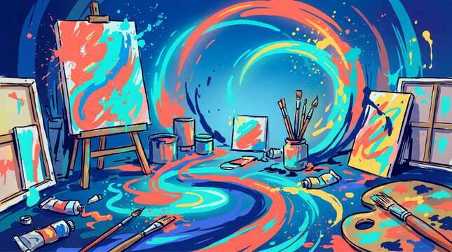 Abstract artistic studio scene with easel and paint