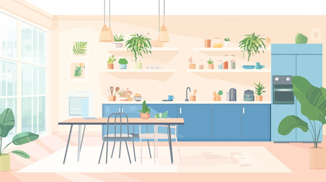 A cozy, light-filled, modern kitchen scene featuring cabinets, a table, chairs, plants, and natural light