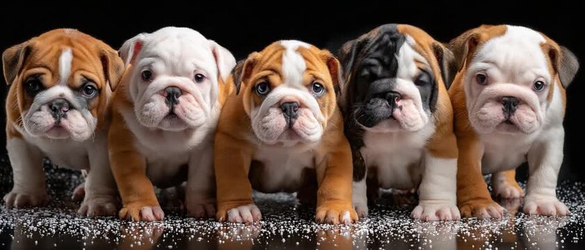 Cute Bulldog Puppies: A captivating row of adorable bulldog puppies, each with unique markings, gazes forward with a curious and playful charm.