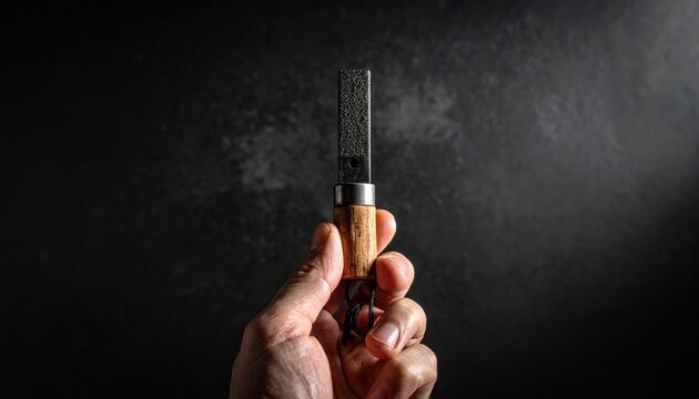 Hand holding a small handmade fire starter kit featuring flint and steel with a wooden handle, ready for outdoor adventure.
