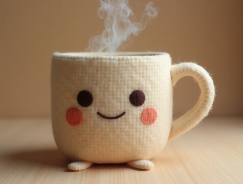 Cute smiling mug character holding hot steaming drink