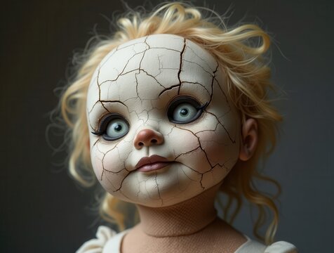 Cracked porcelain doll face looking directly at viewer
