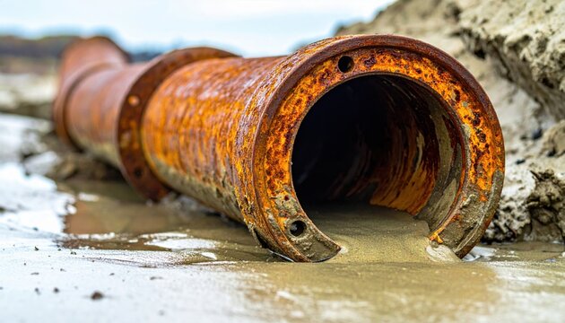 Old rusted metal pipe with rough oxidized texture partially buried in wet sand
