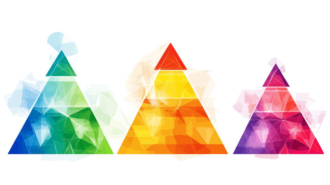 Three colorful abstract triangles in a row, with shades of blue, yellow, and purple