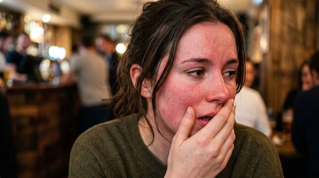 Tight shot of blushing face with hand half covering mouth
