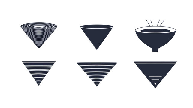 Black and white image of six stylized funnel or cone-shaped objects on a white background