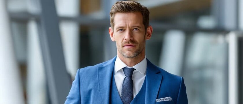 Dapper Man in Blue Suit: Confident business person dressed in a well-tailored blue suit and tie, conveying professionalism. A captivating look.