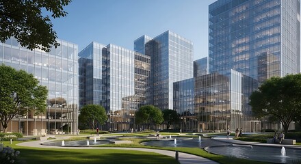 Naklejka premium A serene urban landscape featuring a modern office complex with sleek glass buildings surrounded by a beautifully landscaped park with a fountain and walking paths on a sunny day