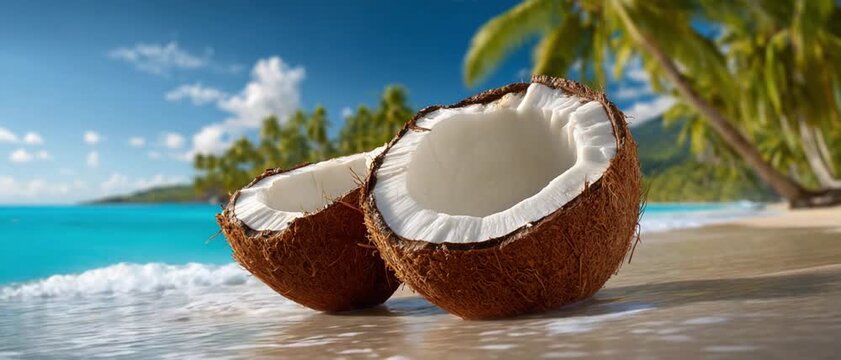 Coconut Paradise: Two halves of a fresh coconut rest invitingly on a sandy beach, against the backdrop of a tropical paradise. Clear water caresses the shore, and palm trees sway gently in the breeze.