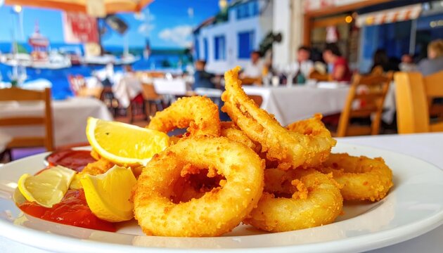 Crispy fried calamari rings served with lemon wedges and marinara sauce on a white plate at a seaside restaurant