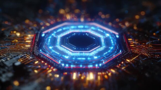Futuristic digital security core activation with glowing blue neon octagon and energy data flow (AI Generated)