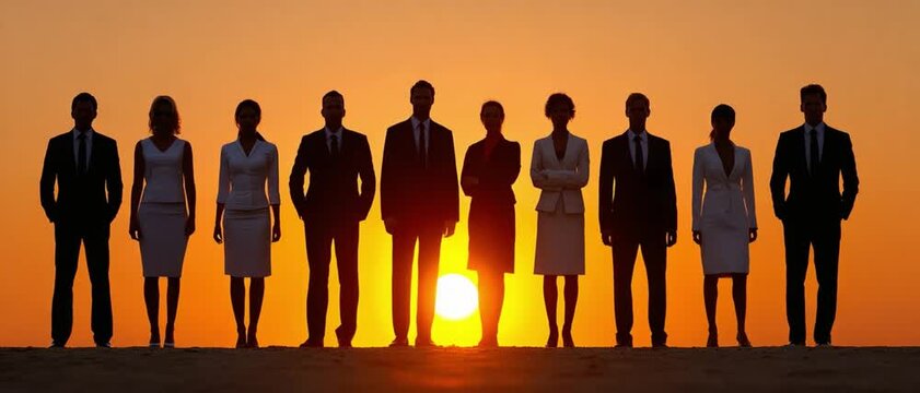 Silhouette of Success: A united team of business professionals stands poised against a vibrant sunset, embodying strength, collaboration, and shared aspirations.