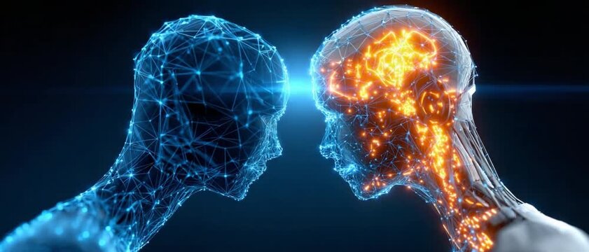 Brain-to-Brain Connection: A mesmerizing display of two heads, one bathed in an electric blue and the other in vibrant orange.