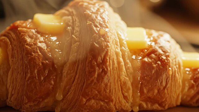 Textured Macro Extreme Close up on Croissant Layers of a Shoe with Glistening Butter and Steam