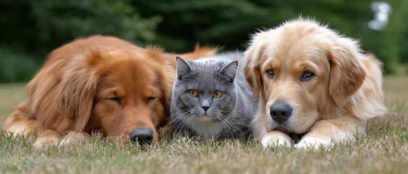 Unified Companionship: A captivating tableau of unlikely friendship unfolds as a fluffy grey cat finds comfort nestled between two Golden Retrievers.