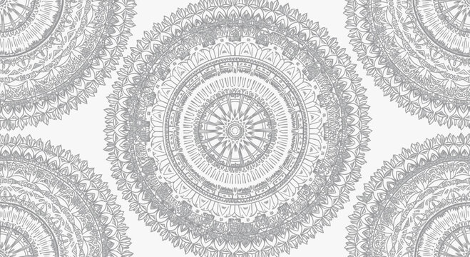 Intricate, repeating grey mandala patterns layered on a white background