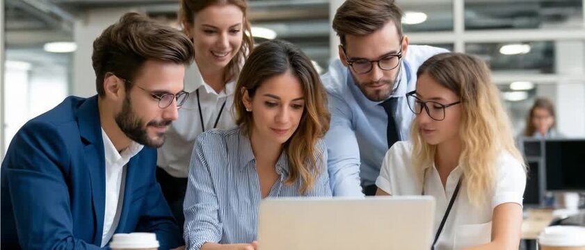 Team's Collaborative Focus: A group of professionals intently gather around a laptop screen, engaged in collaborative work and focused on a shared project.