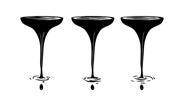 A set of three stylized, ink-style illustrations of fluid pouring from a vessel