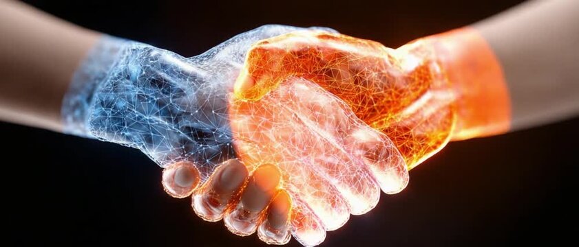 Synergy of Agreement: A striking image of two hands clasped in a handshake, with one bathed in cool tones and the other in warm hues, representing the powerful concept of agreement.