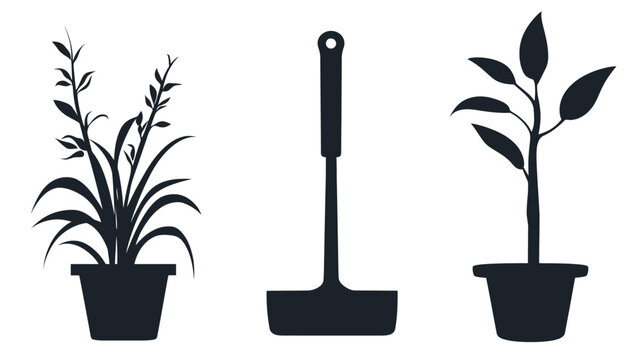Black silhouette images of plants in pots and a spatula against a white background