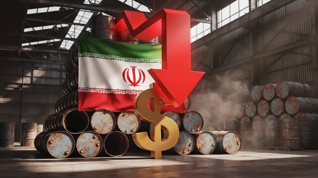 Falling crude oil prices in Iran market featuring steel petroleum barrels with national flag and red downward arrow showing economic crisis and reduction in production rate of fuel energy.