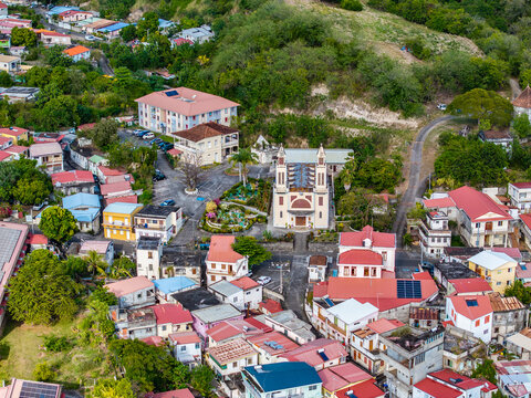 aerial landscape view of central part of Le Pr&ecirc;cheur,  a coastal village and a commune of French overseas department of Martinique, located at islands  northwestern coast with Saint Joseph Church