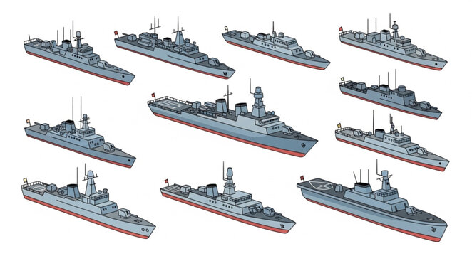 Collection of Military Ships and Warships in Formation.