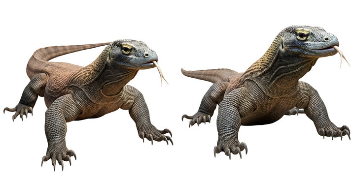 Two Large Komodo Dragons with Flicking Tongues Isolated on White Background. Realistic Wildlife Illustration of Varanus Komodoensis, the World's Largest Living Lizards.