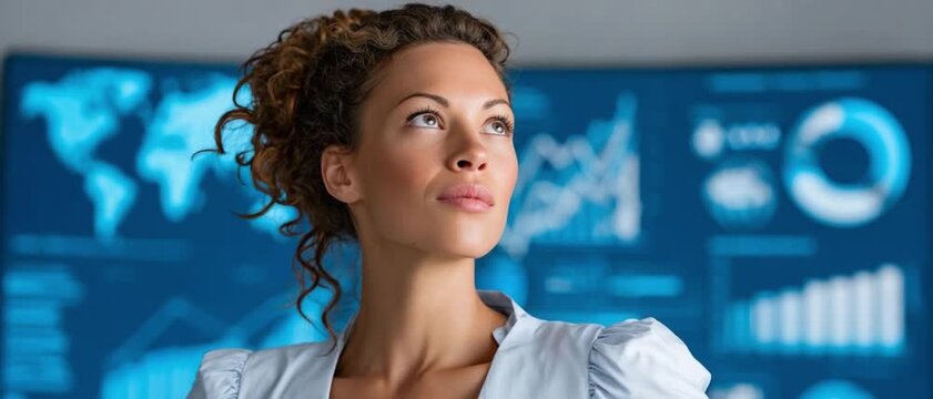 Visionary Woman at Work: A woman, radiating confidence and determination, stands before a digital display, envisioning the future and strategic decision-making.