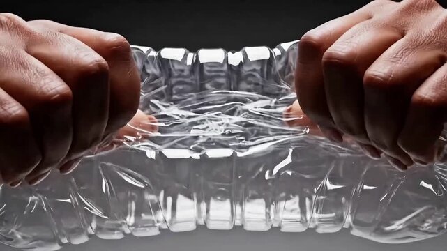 Close-up of hands crushing a transparent plastic bottle, symbolizing recycling and environmental care. This action highlights waste reduction and sustainability efforts for a cleaner planet.