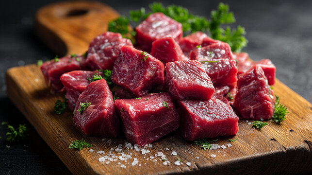 Raw chunks of beef on a wooden cutting board