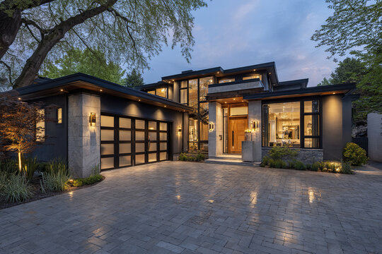 Modern luxury house exterior at dusk with large driveway, illuminated windows, and contemporary architectural design surrounded by trees and landscaping