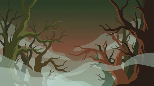 Spooky foggy forest landscape in flat vector style