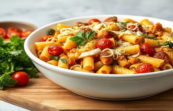 Delicious pasta dish with tomatoes and herbs.