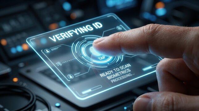 Finger tapping verifying ID interface on biometric scanner screen. Digital identity verification concept.