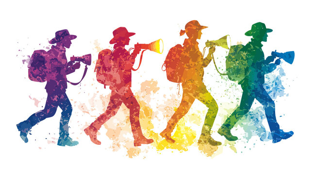 Colorful silhouettes of people hiking with backpacks and megaphones, representing a spectrum