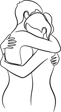 Continuous line drawing, couple hug, love, affection, minimalist illustration