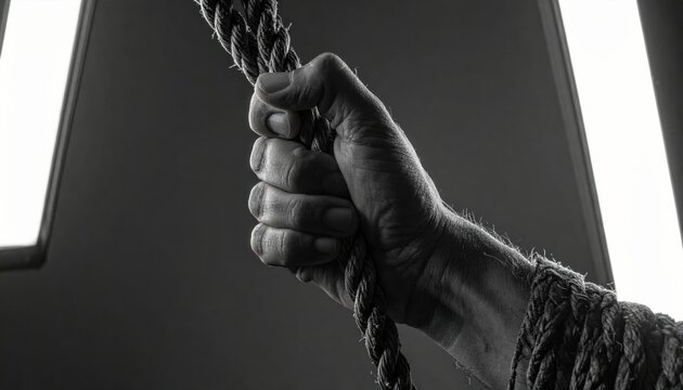 A strong hand tightly grips a thick woven rope, showcasing raw power and endurance in a dramatic monochrome close-up.