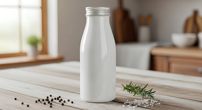 Blank white ceramic bottle mockup on wooden kitchen table with rosemary and peppercorns