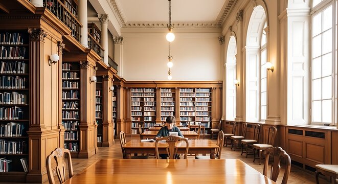 wide shot of a person studying in a classic library interior with wooden tables and tall bookshelves