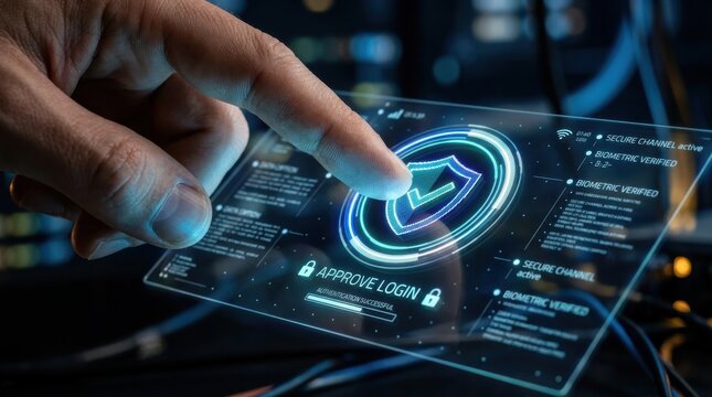 Finger pressing approve login button on biometric security dashboard. Digital identity verification concept.