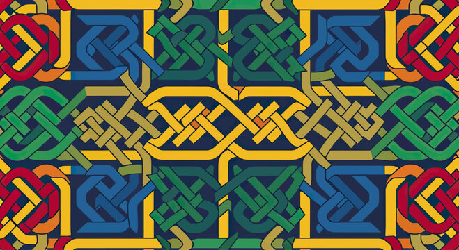 Complex interweaving bands of vibrant colors form a Celtic knotwork pattern