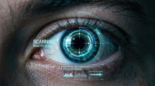 Scanning authorized biometric iris recognition on eye macro. Digital identity verification concept.
