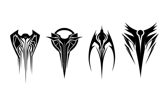 Four black abstract designs against white background. Each design is a unique shape