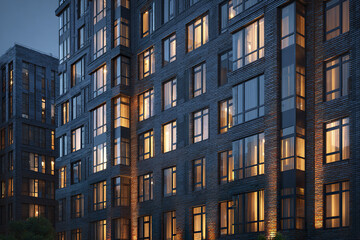 Obraz premium Modern apartment building facade at dusk with warm glowing windows and dark brick exterior creating cozy urban atmosphere in residential area