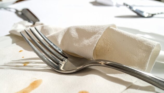 A slightly bent metal fork resting on a stained linen napkin, capturing a moment of dining imperfection